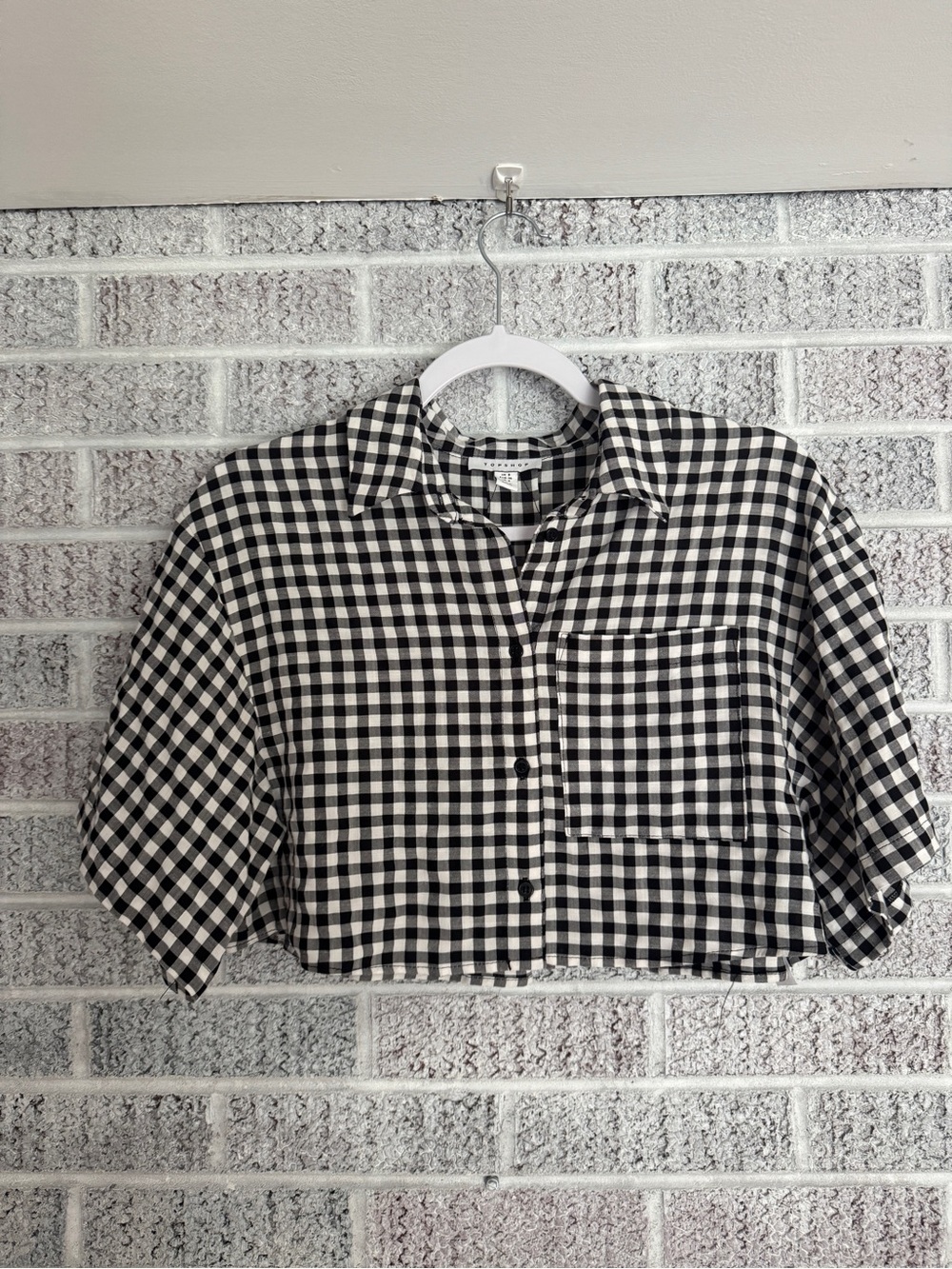 Cropped Black and White Gingham Button-Front Women's Top